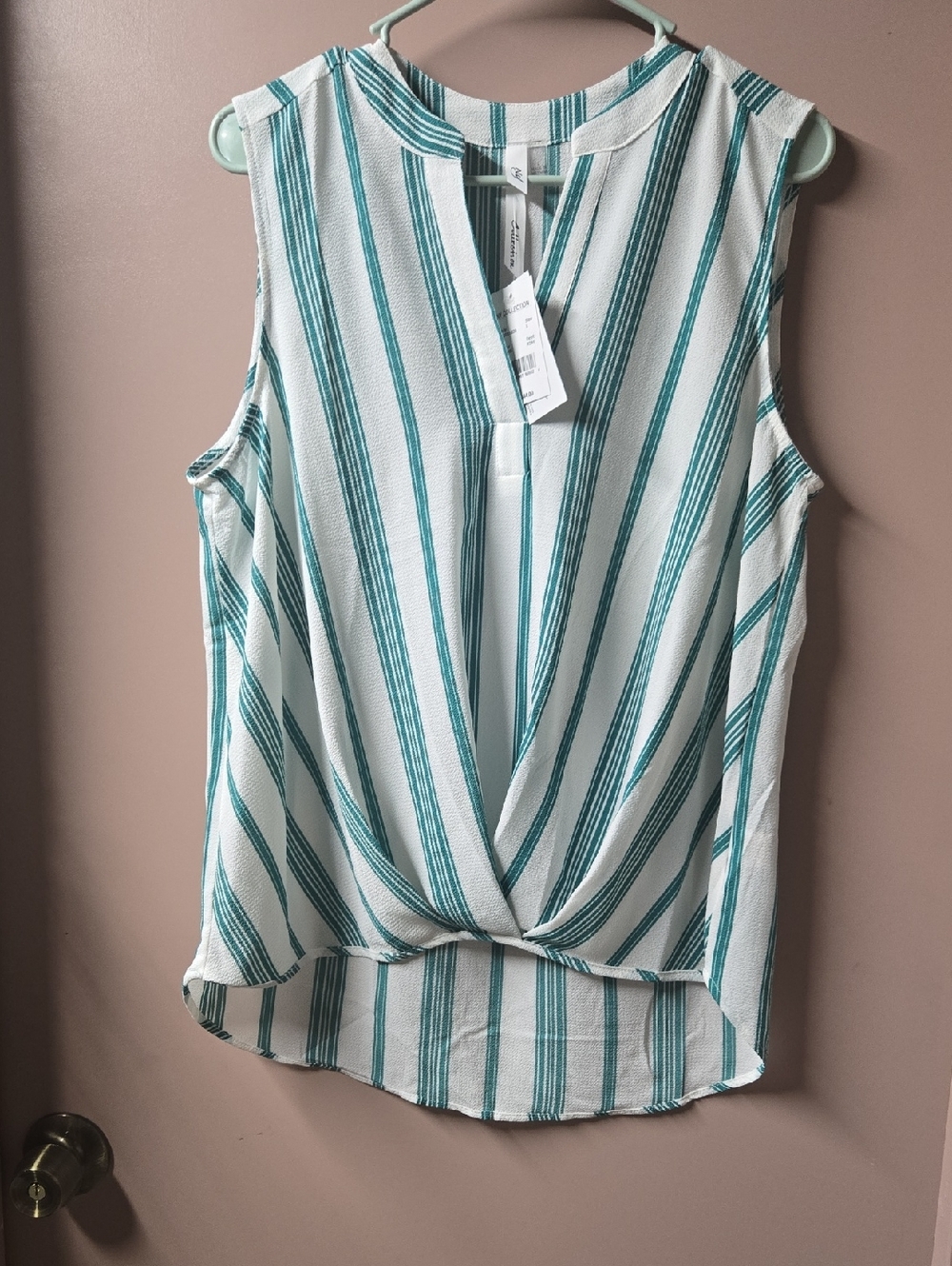 NY Collection White & Teal Striped Sleeveless Twist Front Camisole